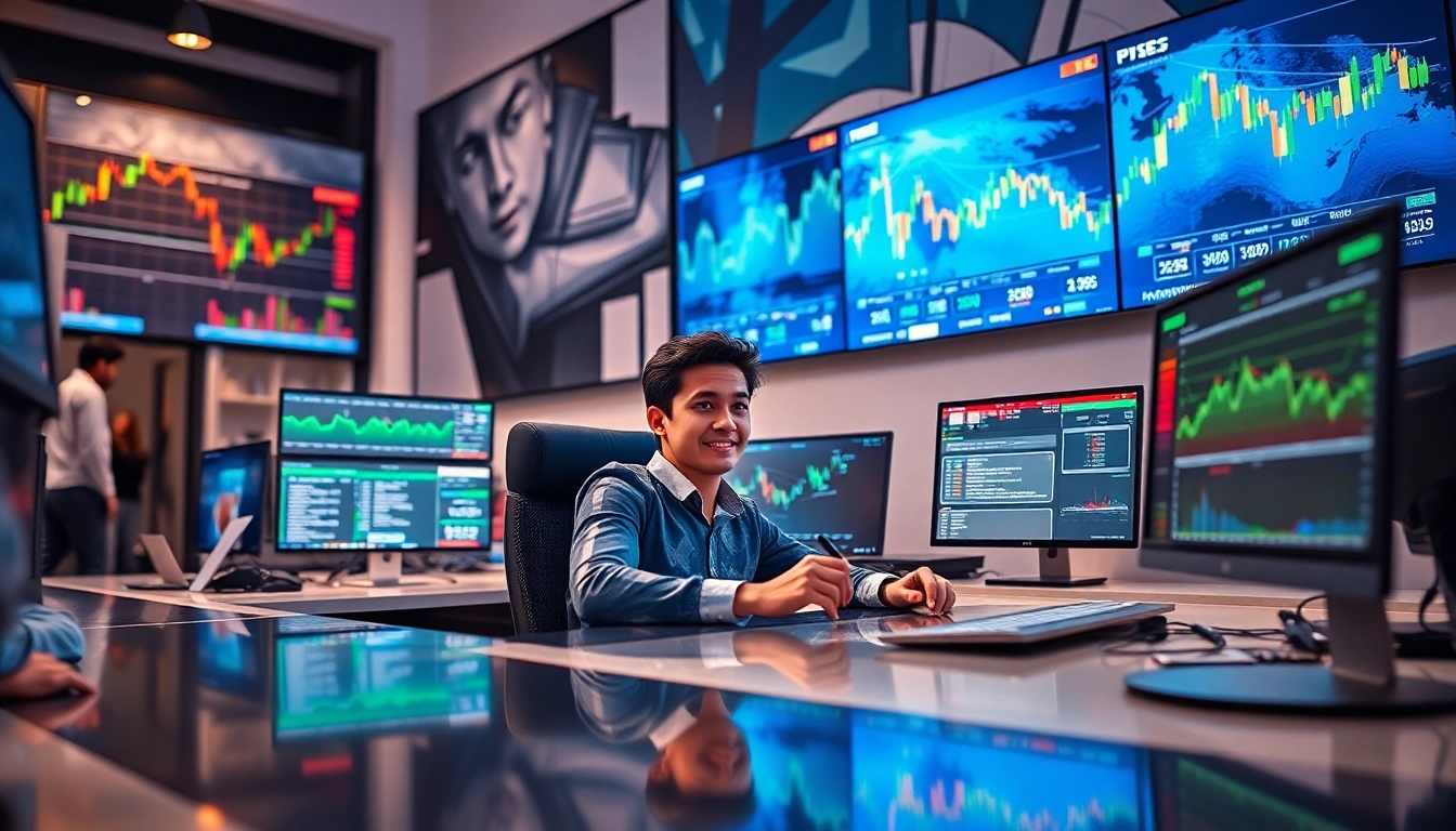 Engage in effective Tradings as a trader examines real-time financial data on multiple screens.