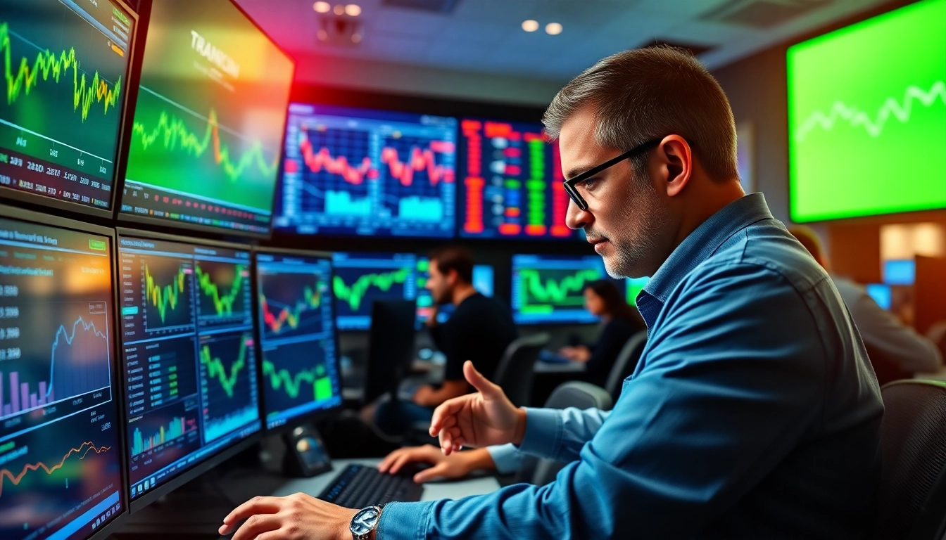 Engaged traders analyzing financial data in a modern trading room, emphasizing the dynamic world of Tradings.